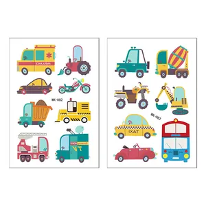 Detailed sheet of colorful cartoon vehicle stickers including excavators and trucks