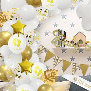 Gold baby shower decoration kit with balloons banners palm leaves and mummy to be sash