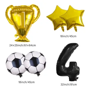 Detail view of soccer party balloon set featuring 32 inch number 4 and champion trophy