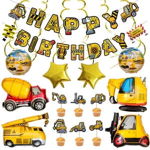 Decorazione per Festa di Compleanno a Tema Veicoli da Cantiere Banner Happy Birthday Palloncini Escavatore Cake Topper