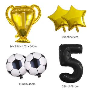 Detailed size specifications for soccer trophy foil balloons and black number five balloon