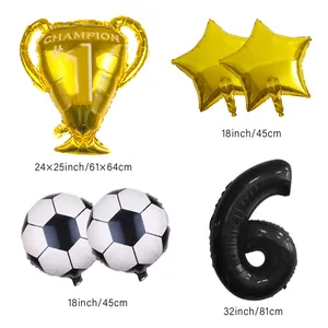 Soccer theme birthday set with gold champion trophy, star, football and black number 6 balloon