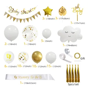Detailed layout of gold and white Baby Shower party kit with balloons and Mummy To Be sash