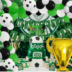 Soccer party decoration kit with balloons, banners, cake toppers and champion cup