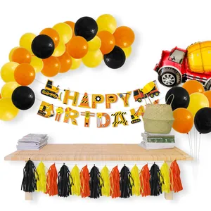 Construction themed birthday decoration set with forklift banner and balloon arch