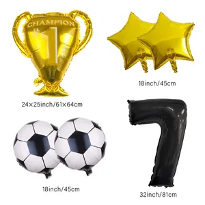 Detailed sizes of soccer trophy, gold stars, football balloons and large number 7 balloon