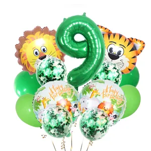 Kit ballons 9ème anniversaire thème jungle avec chiffre 9 vert et têtes de lion tigre