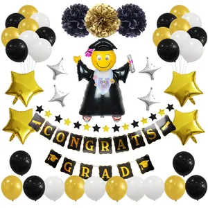 Afstuderen Feest Decoratie Kit Zwart Goud Ster Aluminiumfolie Ballonnen Congrats Grad Banner Papier Pom Poms Voor School Viering