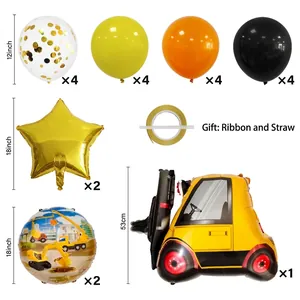 Construction vehicle party balloon set with excavator foil and colorful latex balloons