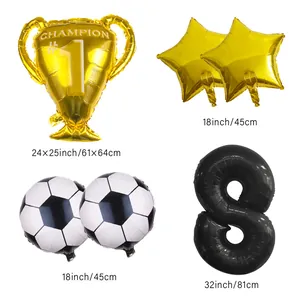 Detailed view of trophy and number 8 foil balloons for soccer theme party decorations