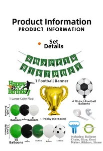 Detailed set of football theme birthday decorations with balloons, banner and cake topper