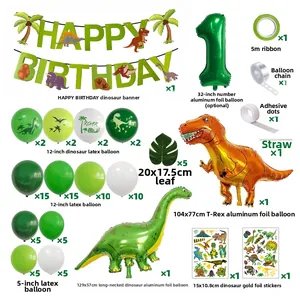 Dinosaur birthday party decoration set with balloon arch, banner and palm leaves