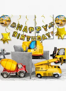 Set decorazioni festa a tema cantiere con palloncini a forma di ruspa e striscione compleanno
