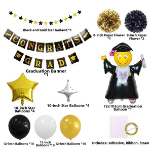 Kit déco fête remise des diplômes noir et or avec bannière et ballons étoiles