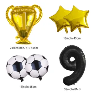 Detail set of football theme balloons featuring trophy, star, and large black number 9