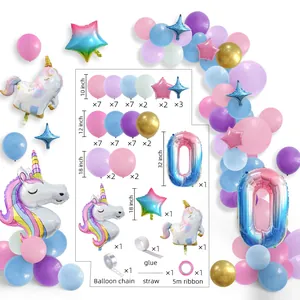 Unicorn theme balloon arch kit with pink macarons and 32-inch gradient number 0 balloon
