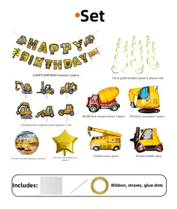 Kit festa compleanno cantiere con palloncini camion, decorazioni torta e striscione