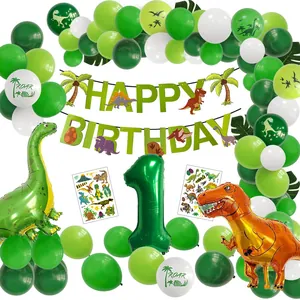 Dinosaur Theme Birthday Party Decorations Green Latex Balloons Aluminum Foil Animal Banner For Kids Celebration Jungle Style