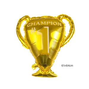 Detailed view of a golden champion trophy foil balloon measuring 61x64cm for parties