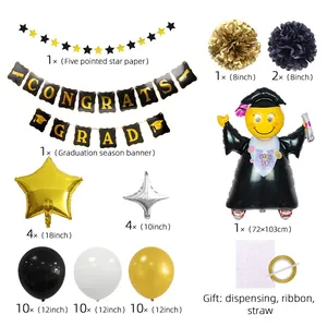 Gedetailleerde set zwart-gouden afstudeerballonnen met sterrenbanners en papieren pompons