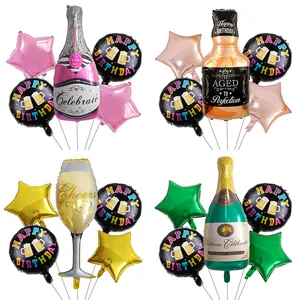 Set di palloncini in alluminio con bottiglia di champagne, stelle e Happy Birthday