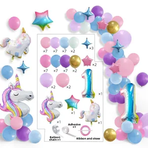 Unicorn ballon kit detail met pastel ballonnen en blauwe nummer 1 folieballon