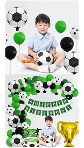 Detailed set of soccer theme party supplies with balloons, cake toppers, and champion trophy