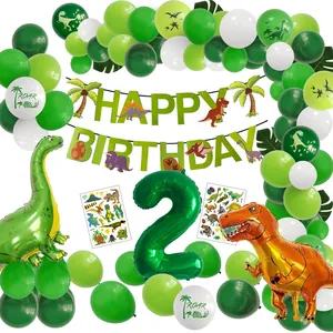 Detailed dinosaur party set with balloons, dinosaur foil shapes, and number 2 banner