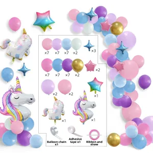Detail van een eenhoorn ballonboogset met pastel latex en folie ballonnen inclusief tools