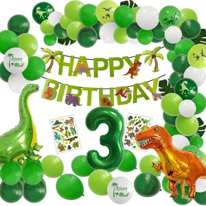 Dinosaur 3rd birthday party set with green balloons, leaf banner and dragon foil balloons