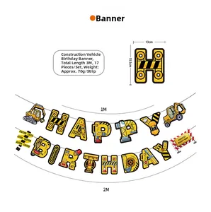 Striscione di compleanno tema cantiere con camion e gru per decorazioni di feste bimbi