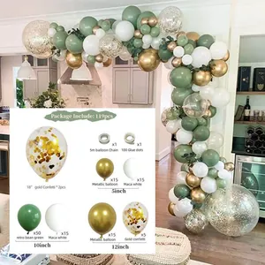119pcs retro sage green and gold balloon arch kit with white macaron latex balloons