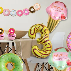 Donut and ice cream foil balloon set with number 3 for sweet 3rd birthday party decor