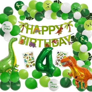 Detailed set of dinosaur party balloons, green number 4, and Happy Birthday banner