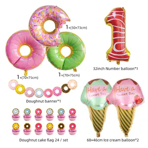 Detailed set of donut balloons, number 1 foil balloon and sweet party banner kits