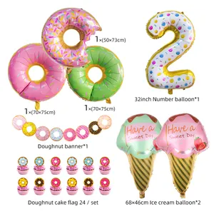 Detail set of donut party decorations with colorful foil balloons and sweet themed banners