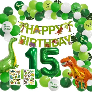 Dinosaur 15th birthday party kit with green balloons and T-Rex foil decorations