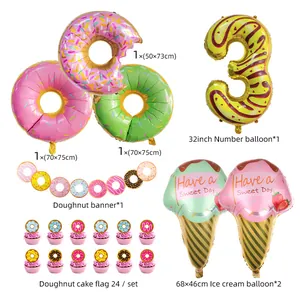 Detail view of donut party set with number 3 balloon, ice cream foils and banner