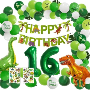 Dinosaur 16th birthday party kit with green balloons, jungle leaves and roar banners