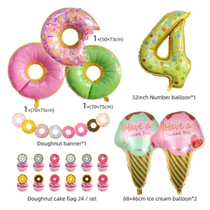 Detailed components of donut ice cream party kit with number 4 balloon and banners