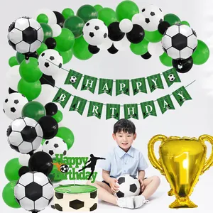Soccer birthday party decoration set with balloon arch, trophy foil, and banner