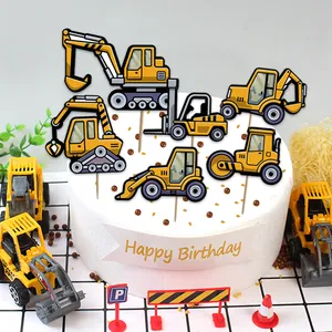 Set decorativo per torta a tema cantiere con escavatore, gru e segnali stradali