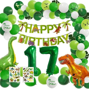 Detailed dinosaur party set with green balloons, birthday banner and dino tattoos