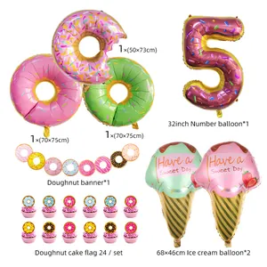 Donut theme birthday party set with number 5 balloon banner and cupcake toppers