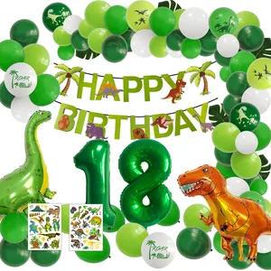 Dinosaur 18th birthday party set with green foil numbers, latex balloons and animal banners