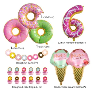 Detailed donut and ice cream party kit with purple number 6 balloon and cake toppers