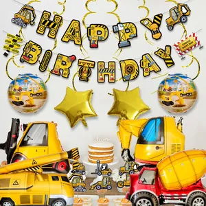 Set festa di compleanno a tema cantiere con palloncini escavatore e striscione decorativo