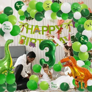 Dinosaur birthday party decoration set with green balloons, banner, and number 3 foil