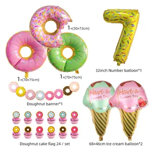 Detailed donut party set with number 7 foil balloon, ice cream cones, and banner