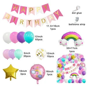 Pastel rainbow balloon garland kit with Happy Birthday banner for girl's party decoration